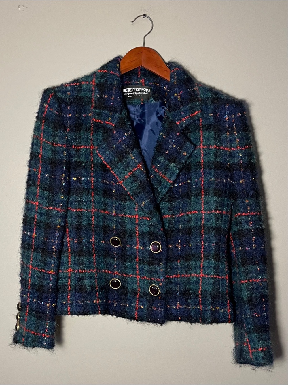 Vintage 80s Plaid Wool Cropped Blazer ILGWU USA Preppy Academia 10 - Picture 2 of 11